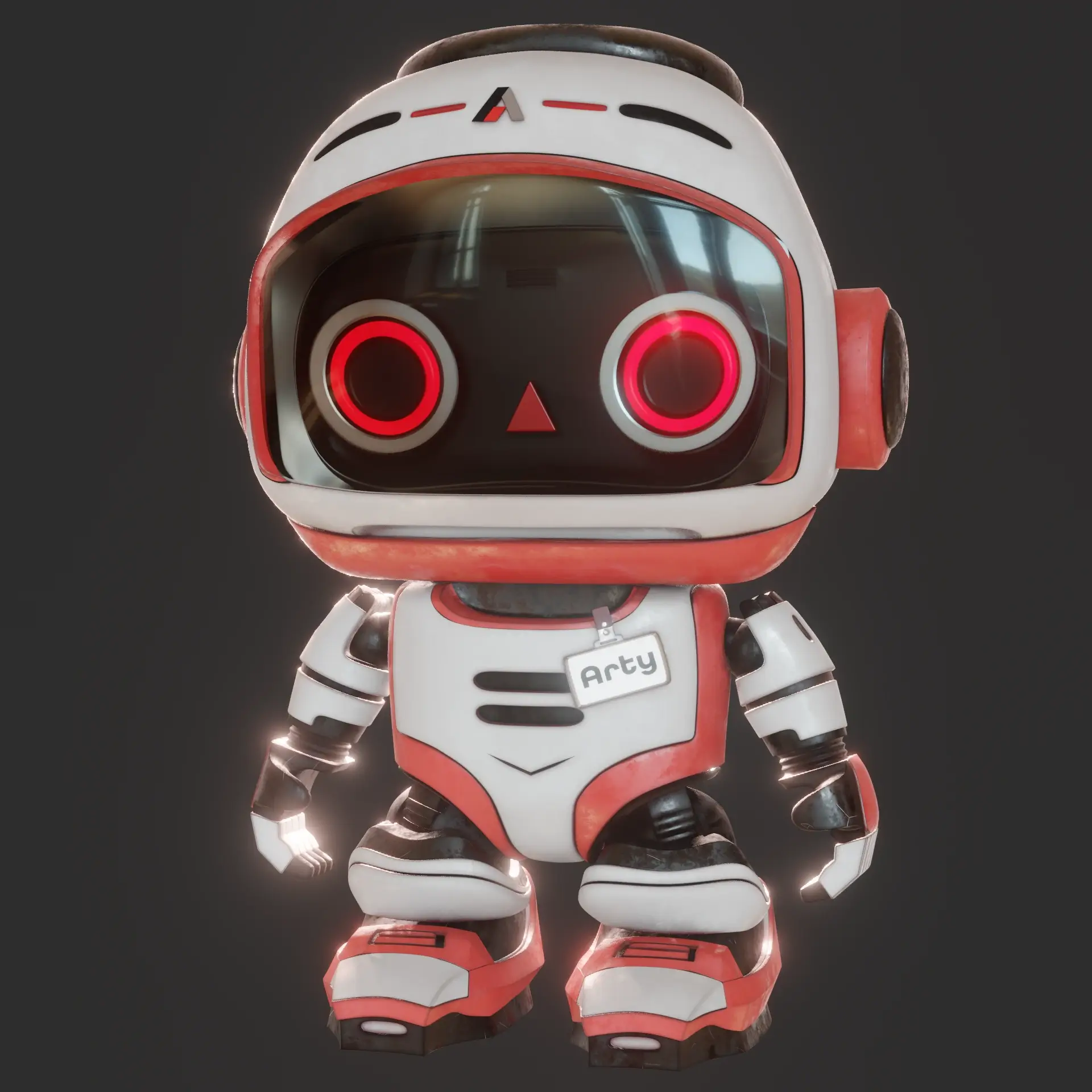 3D stylized cute robot character with glowing red eyes and white-red armor suit named Arty by Sirius Animation Studios
