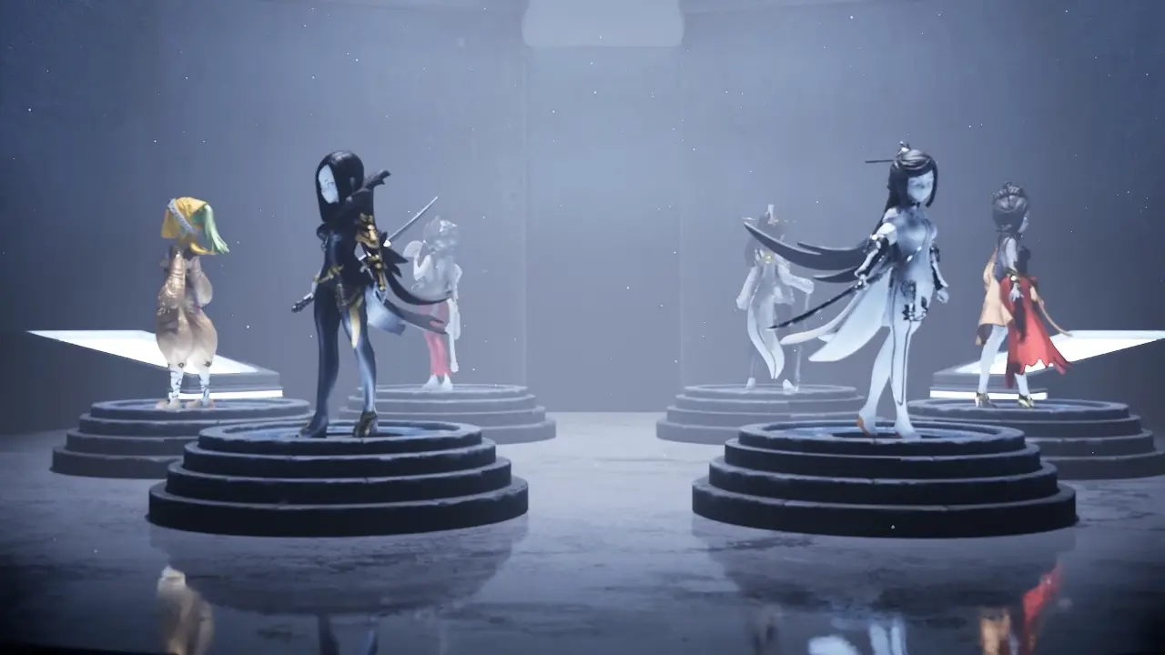 “3D stylized Blade and Soul inspired characters standing on illuminated platforms in cinematic foggy environment by Sirius Animation Studios