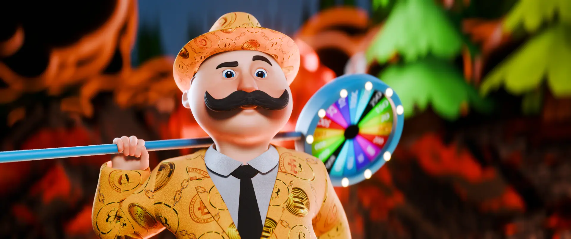 3D cartoon businessman with mustache holding colorful wheel in stylized casino scene by Sirius Animation Studios