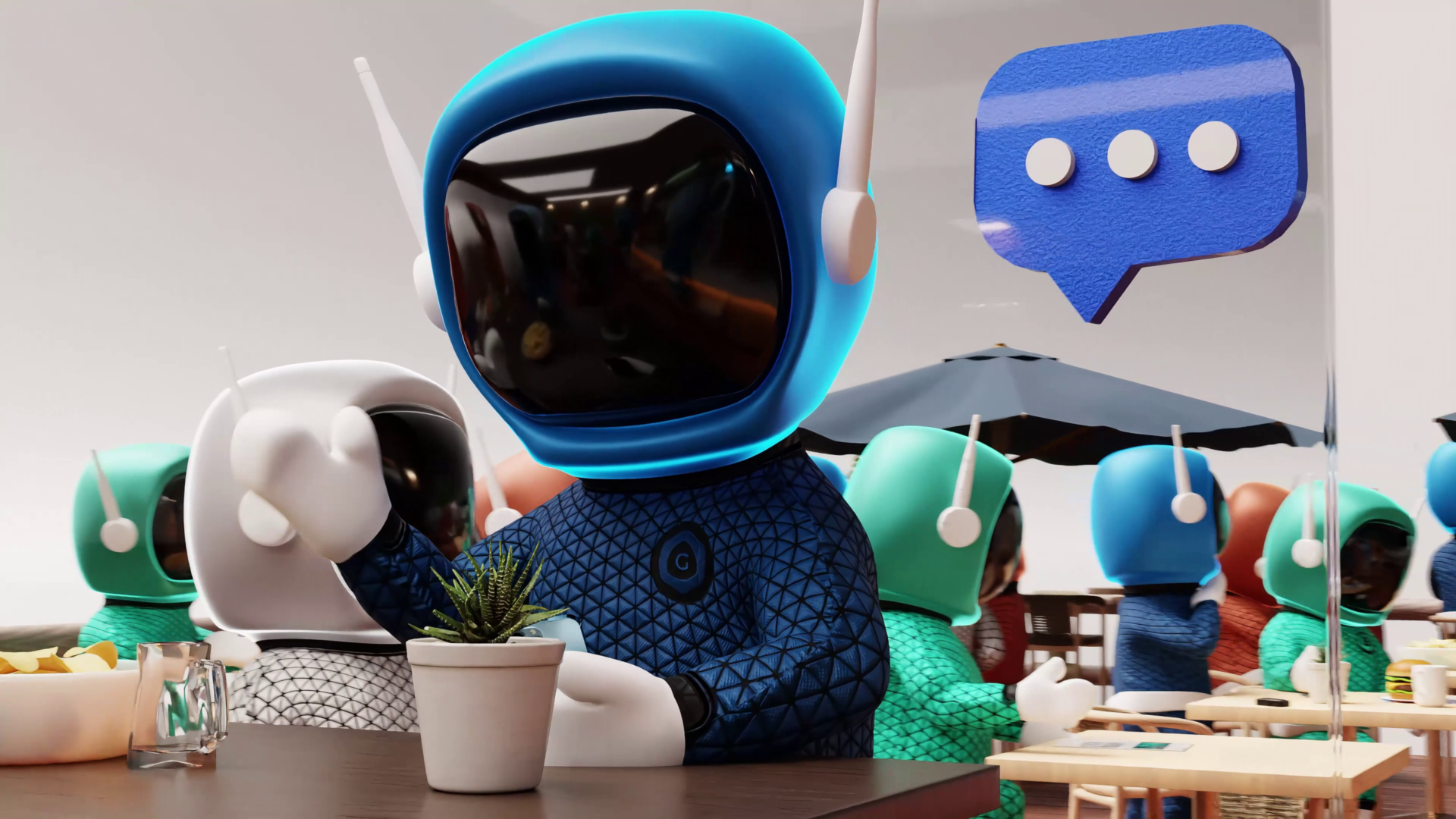 3D Spacemen characters chatting in a futuristic café setting with digital communication icons and modern interior by Sirius Animation Studios