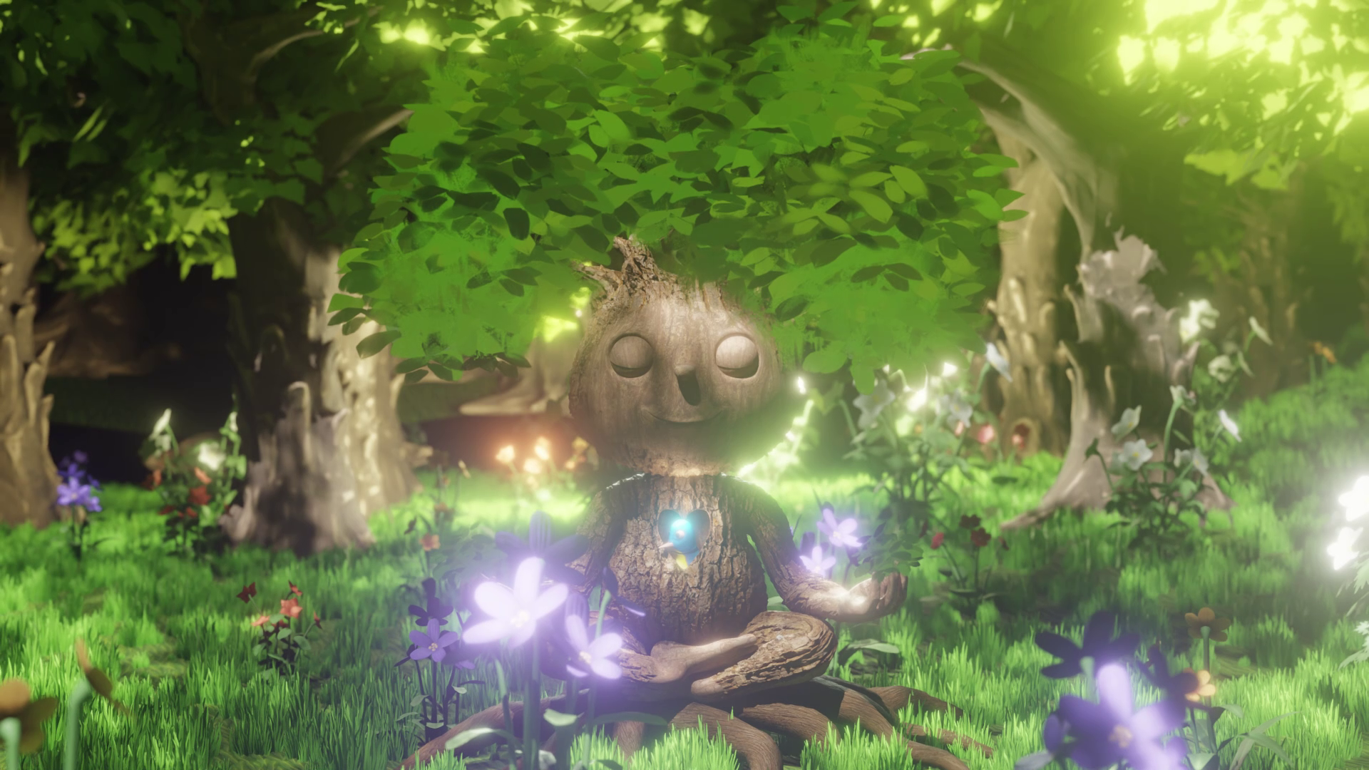 3D stylized tree character meditating in a magical glowing forest surrounded by flowers and soft sunlight by Sirius Animation Studios