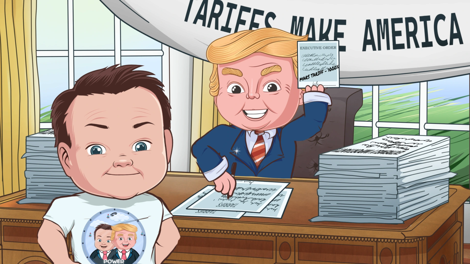 Cartoon-style 2D illustration of Trump and Elon in a presidential office surrounded by documents, humorous political parody scene, by Sirius Animation Studios.