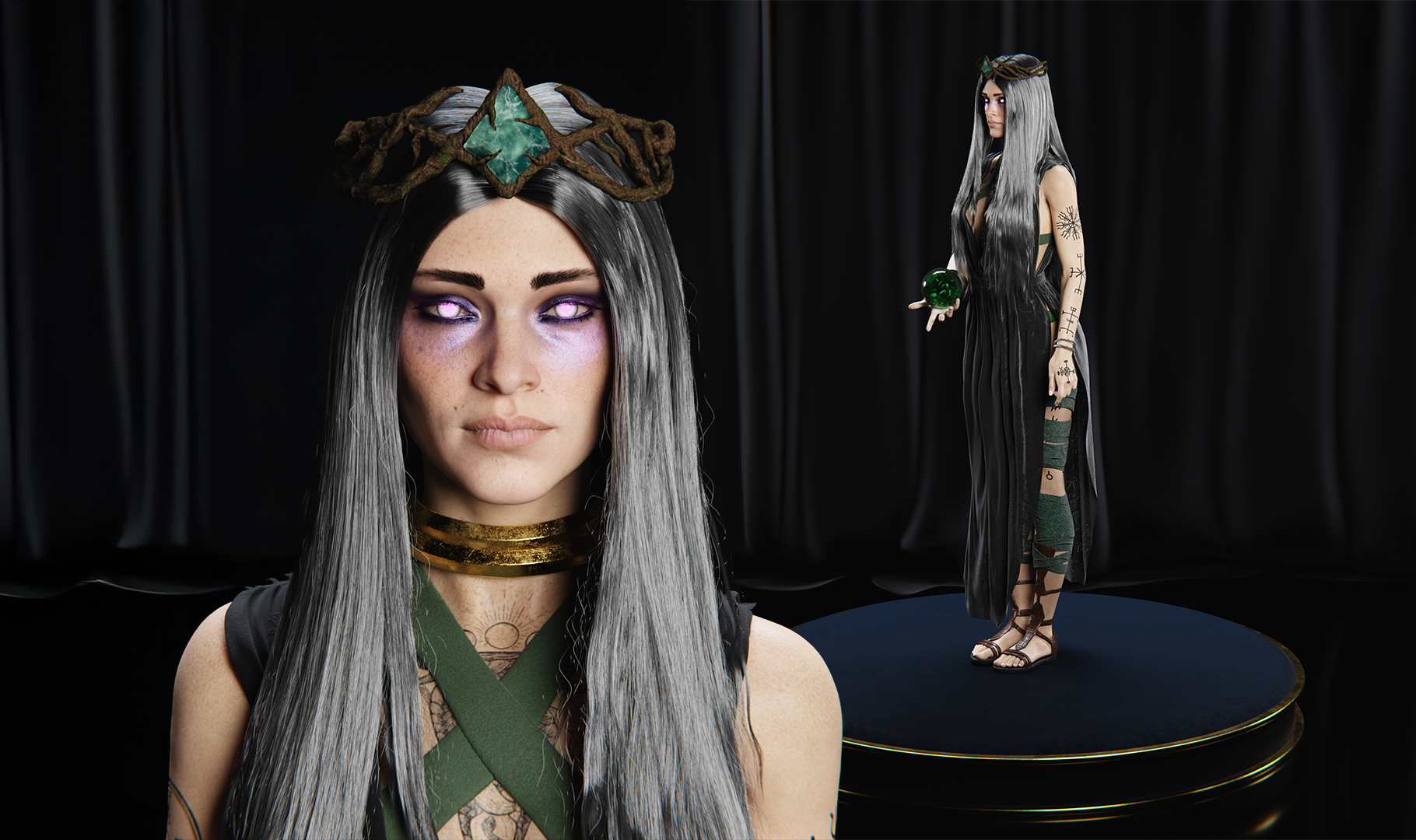 3D realistic fantasy female character with glowing purple eyes, silver hair, and mystical tattoos, wearing a dark robe and emerald crown, holding a green magic orb, cinematic lighting, by Sirius Animation Studios.