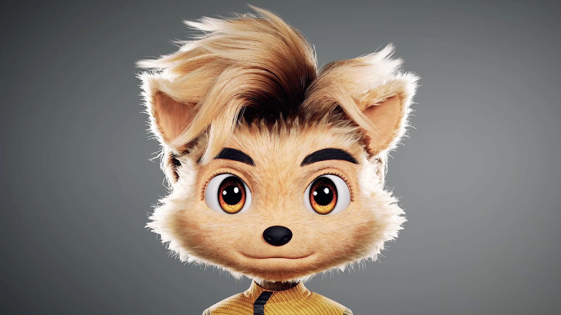 3D stylized hedgehog mascot Hedgy with fluffy fur, big expressive eyes, and a playful hairstyle, friendly character design by Sirius Animation Studios.