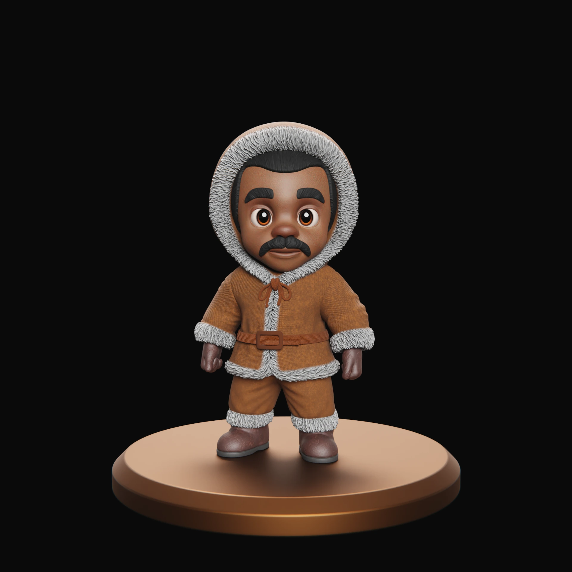 3D chibi-style character inspired by Arctic explorer Matthew Henson, wearing a brown fur-lined parka and boots, standing on a display pedestal, by Sirius Animation Studios.