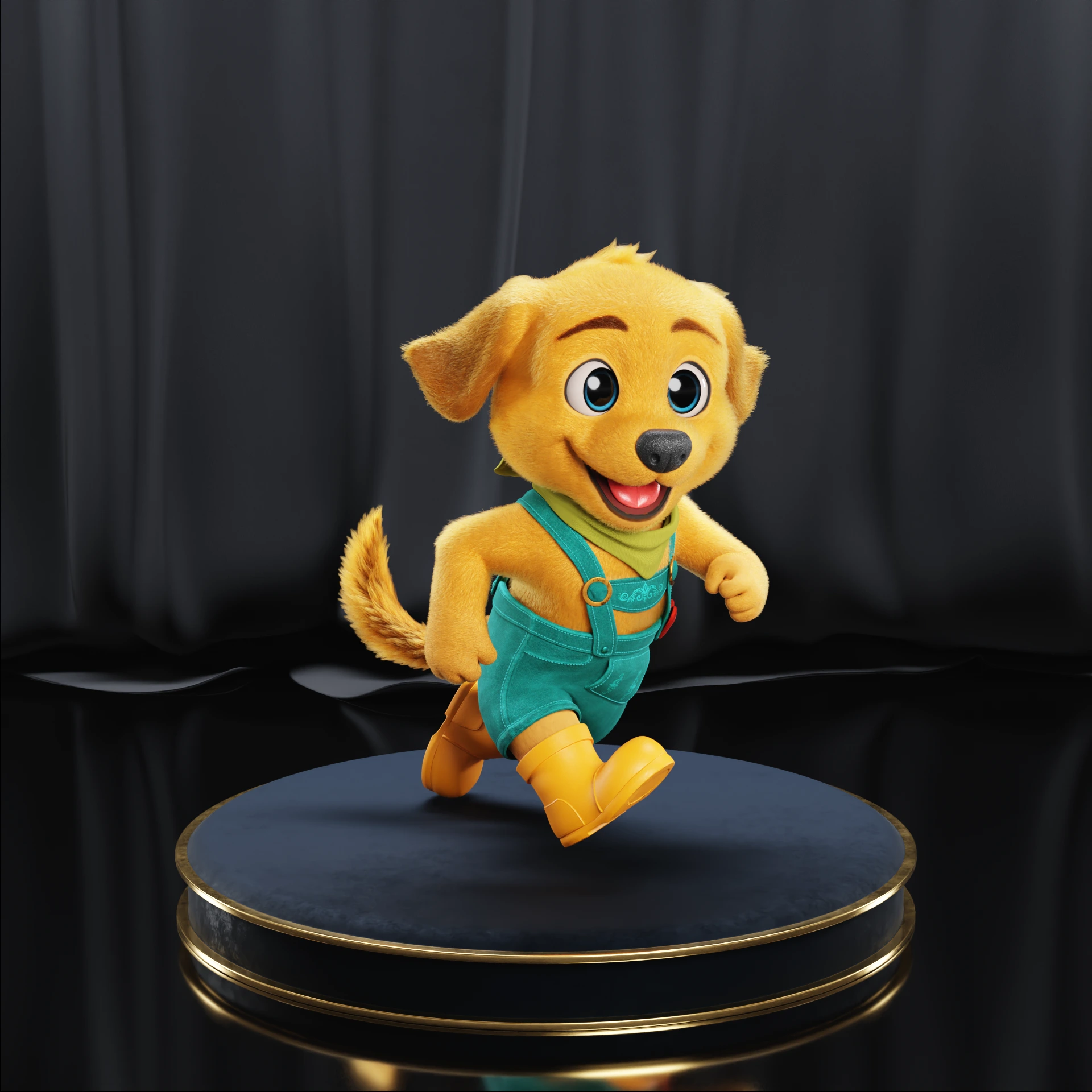 3D stylized yellow puppy character wearing green overalls and yellow boots, smiling and running playfully, by Sirius Animation Studios