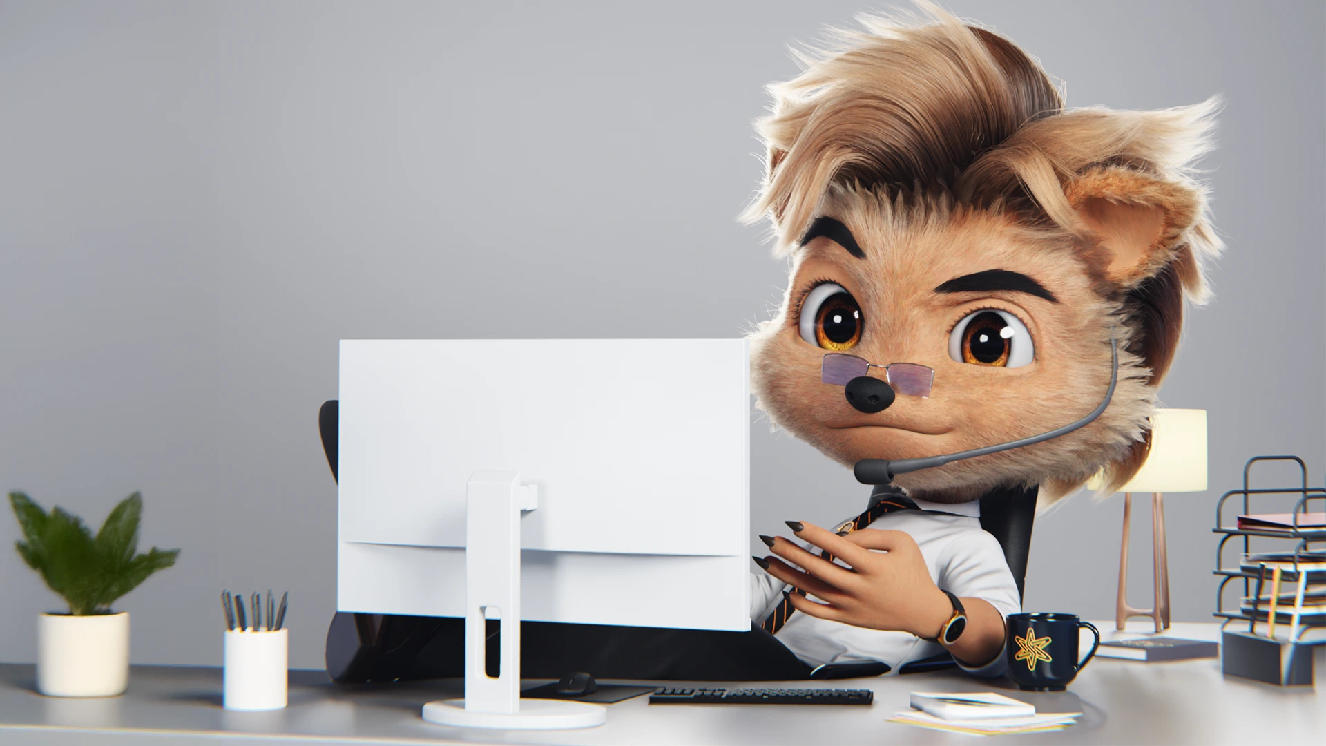 3D cute furry character working on computer, stylized cartoon animal office worker render, realistic fur and cinematic lighting, 3D animation character design by Sirius Animation Studios