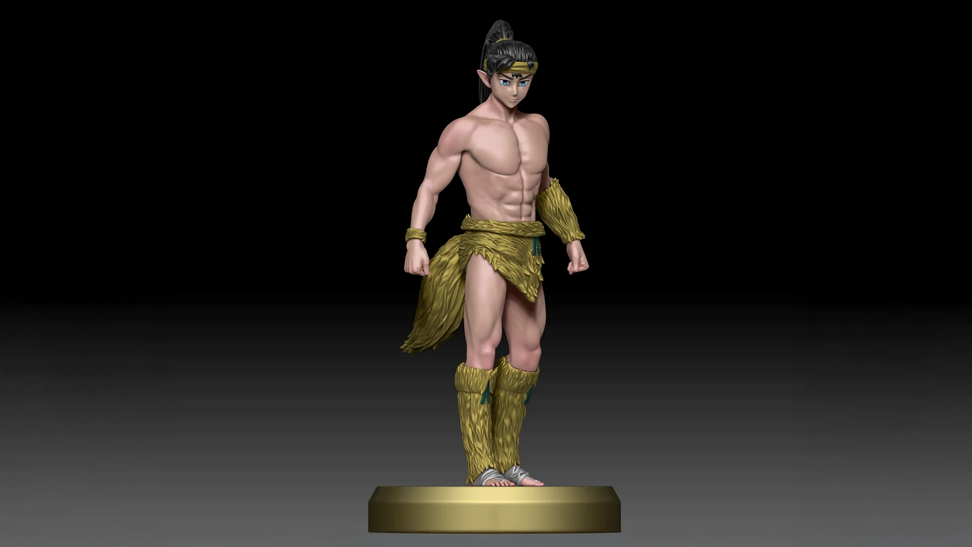 3D anime-style male warrior character sculpt, muscular fantasy elf with long hair and primitive clothing, stylized digital model render for animation or collectible figurine by Sirius Animation Studios.