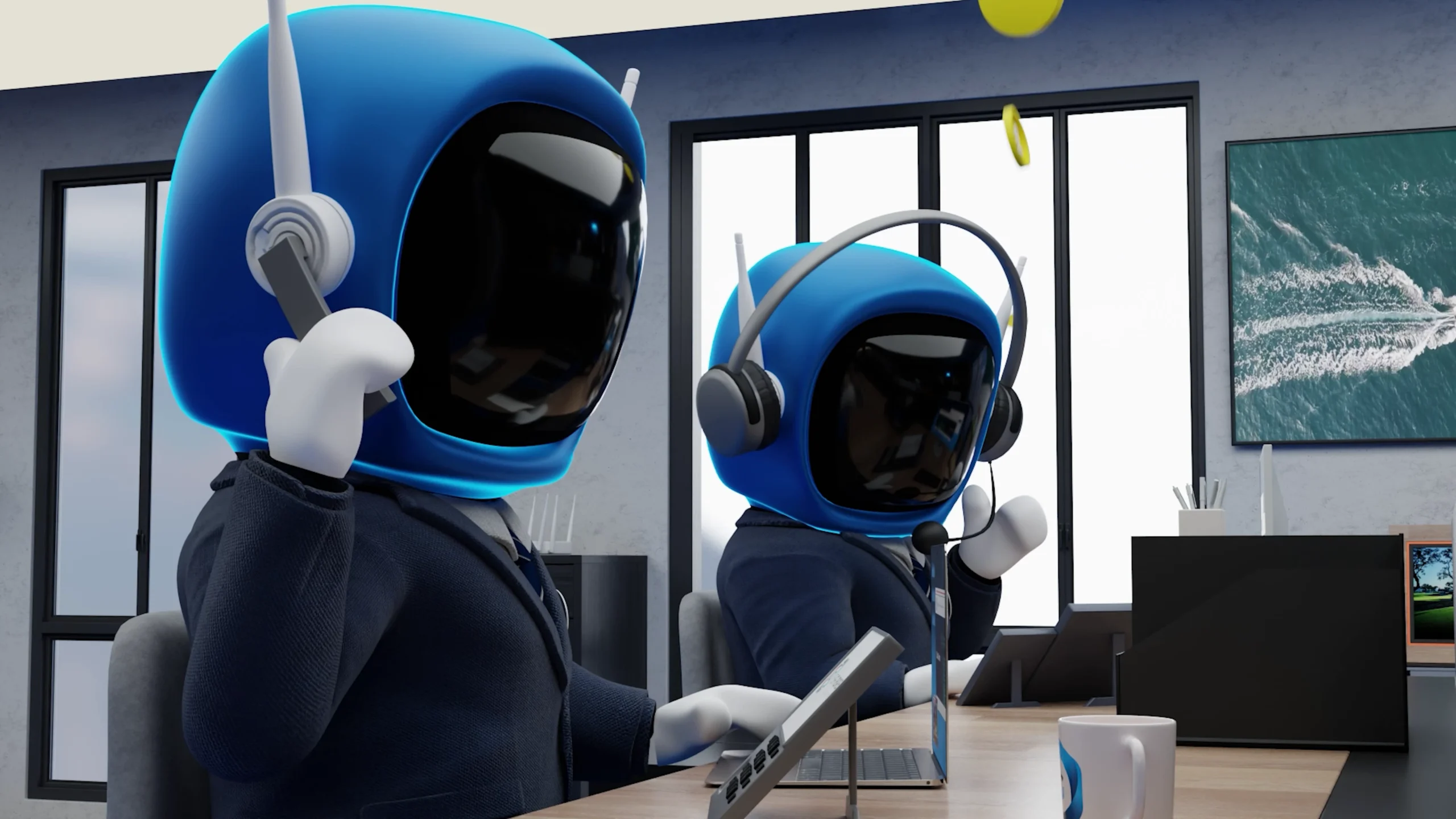 3D cartoon robots in business suits working in modern office, using headsets and computers, futuristic workplace render by Sirius Animation Studios