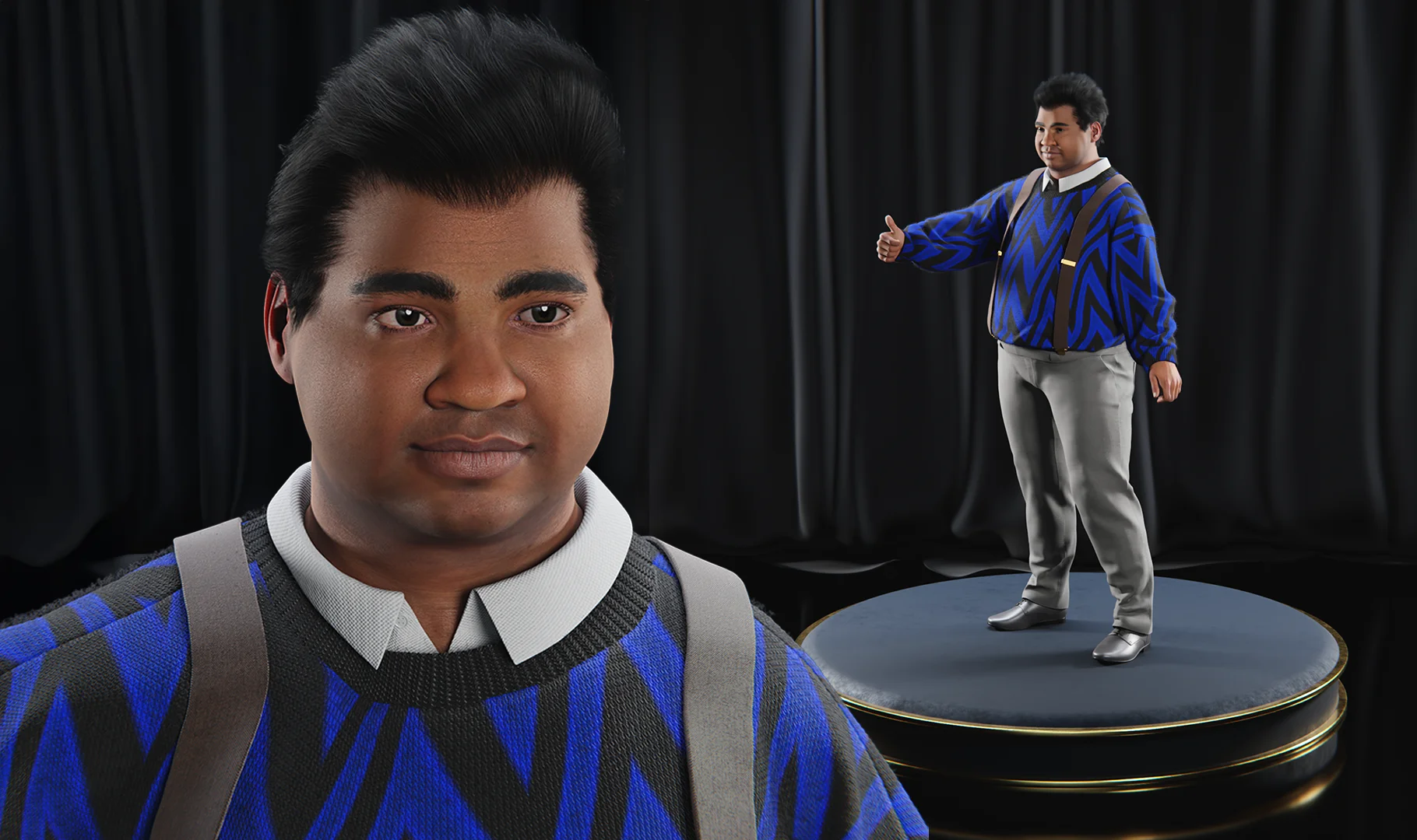 3D realistic character render of a smiling man giving a thumbs up, wearing a blue zigzag-pattern sweater, grey pants, and suspenders, full-body stylized design, cinematic lighting, by Sirius Animation Studios.