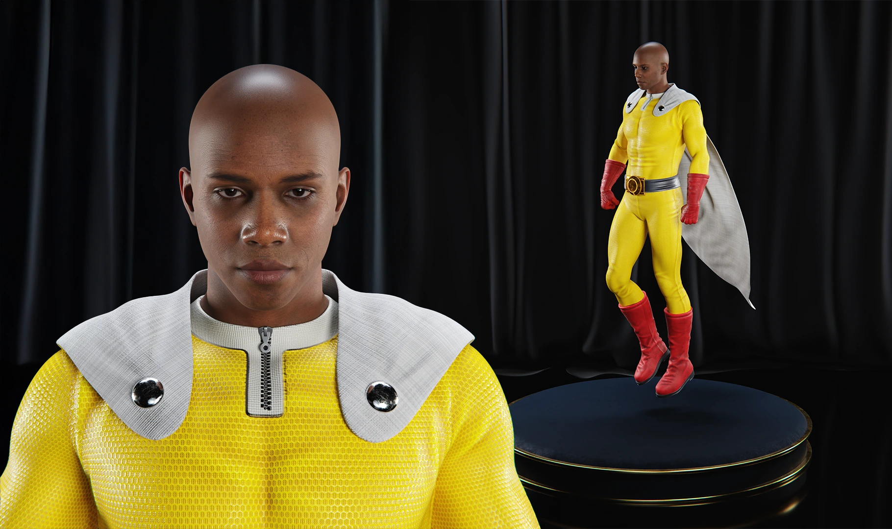3D realistic version of One Punch Man portrayed as a bald man with dark skin, wearing a yellow hero suit with a white cape and red gloves, stylized character design by Sirius Animation Studios