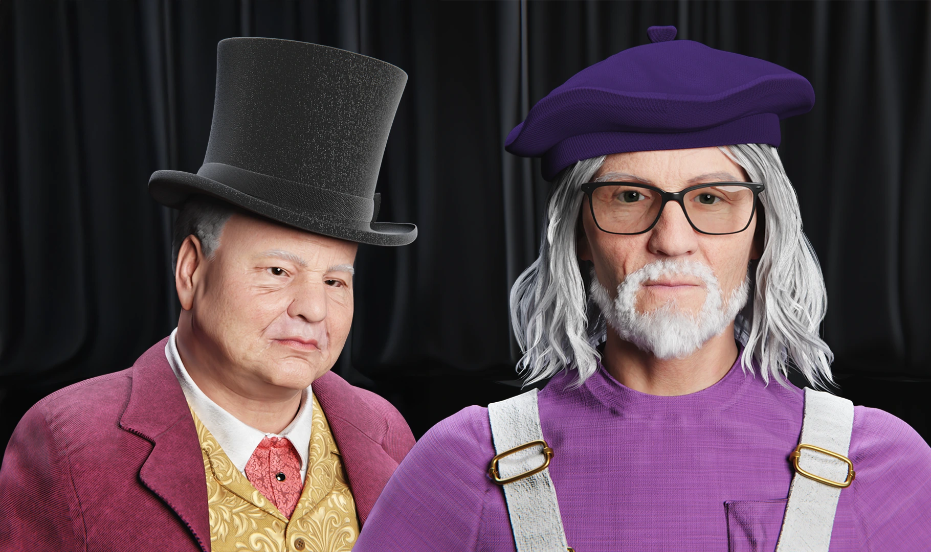 3D realistic portrait of two elderly gentlemen — one wearing a tall black top hat and red Victorian coat, and the other with long white hair, glasses, and a purple beret, cinematic lighting, realistic character render by Sirius Animation Studios.