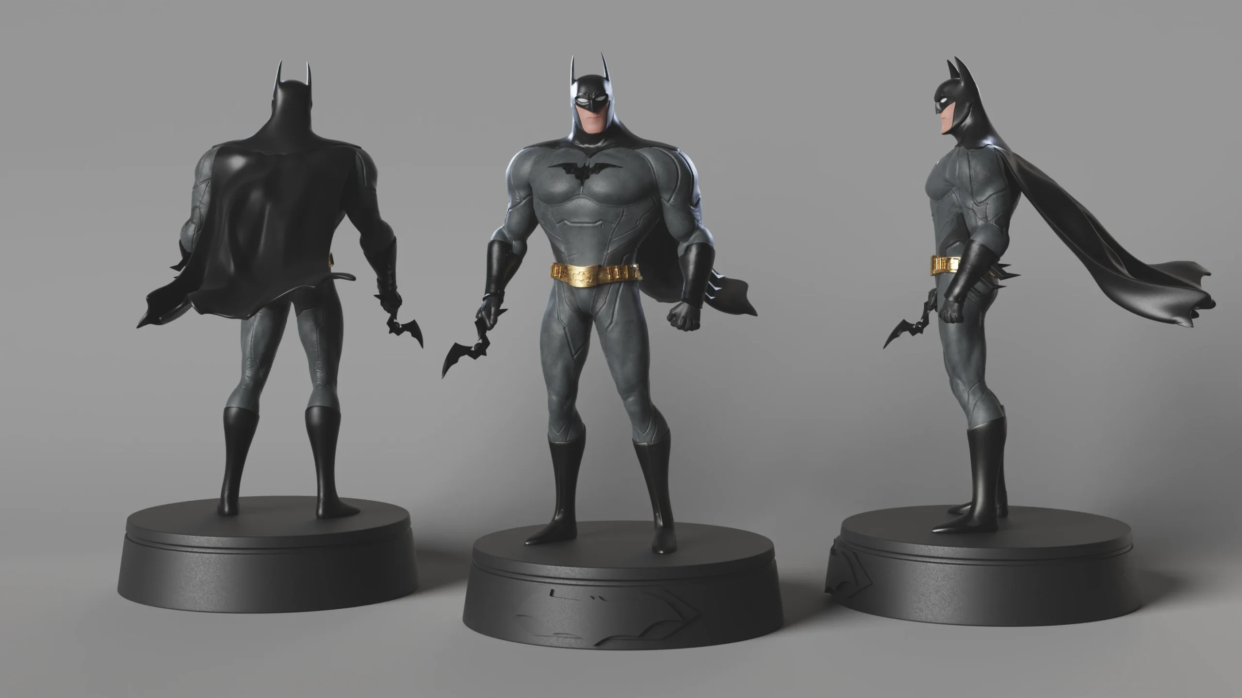 Stylized 3D Batman character render, superhero collectible figurine in gray and black suit with golden belt and flowing cape, cinematic lighting character turnaround by Sirius Animation Studios