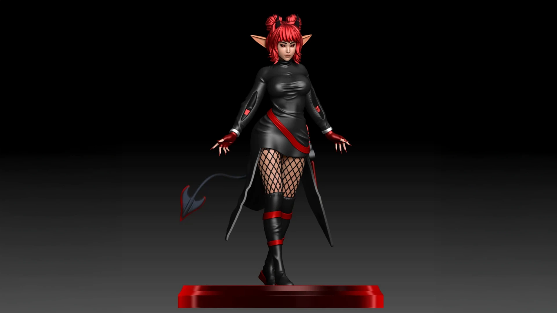 3D stylized female demon character render, red-haired succubus with black leather outfit, fishnet stockings, pointed ears and devil tail, anime-inspired fantasy model by Sirius Animation Studios