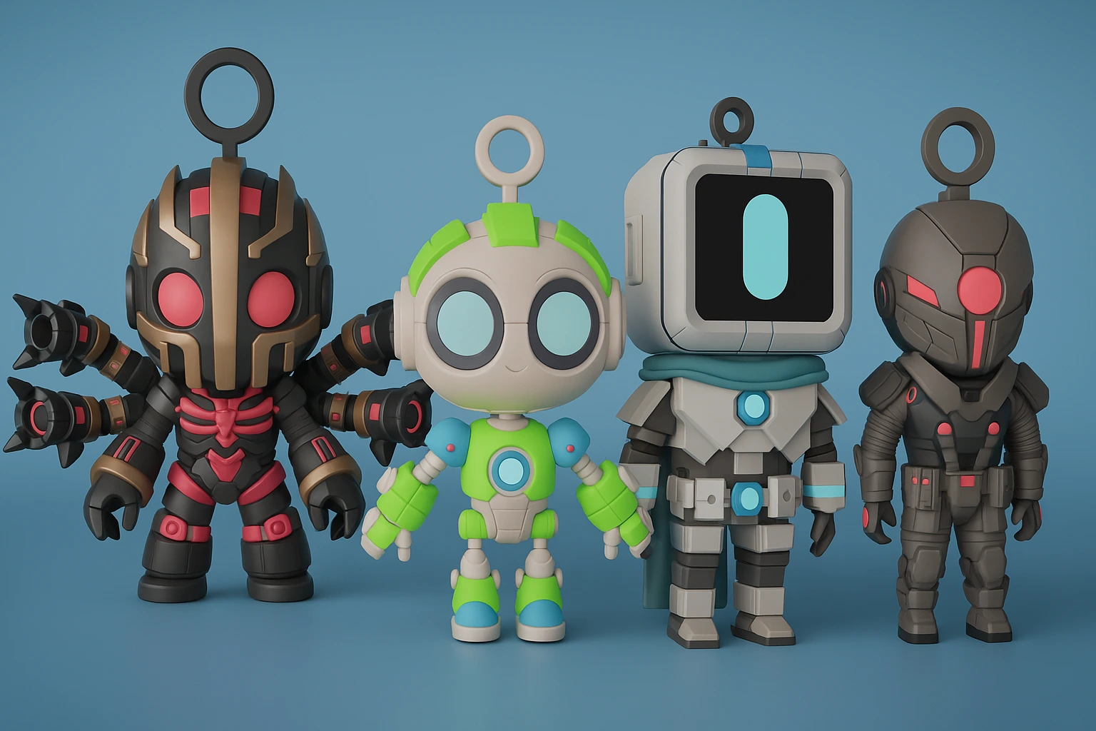 Stylized 3D robot characters lineup on blue background, futuristic toy-like sci-fi designs with colorful armor and mechanical details, cute collectible robot figures render by Sirius Animation Studios.