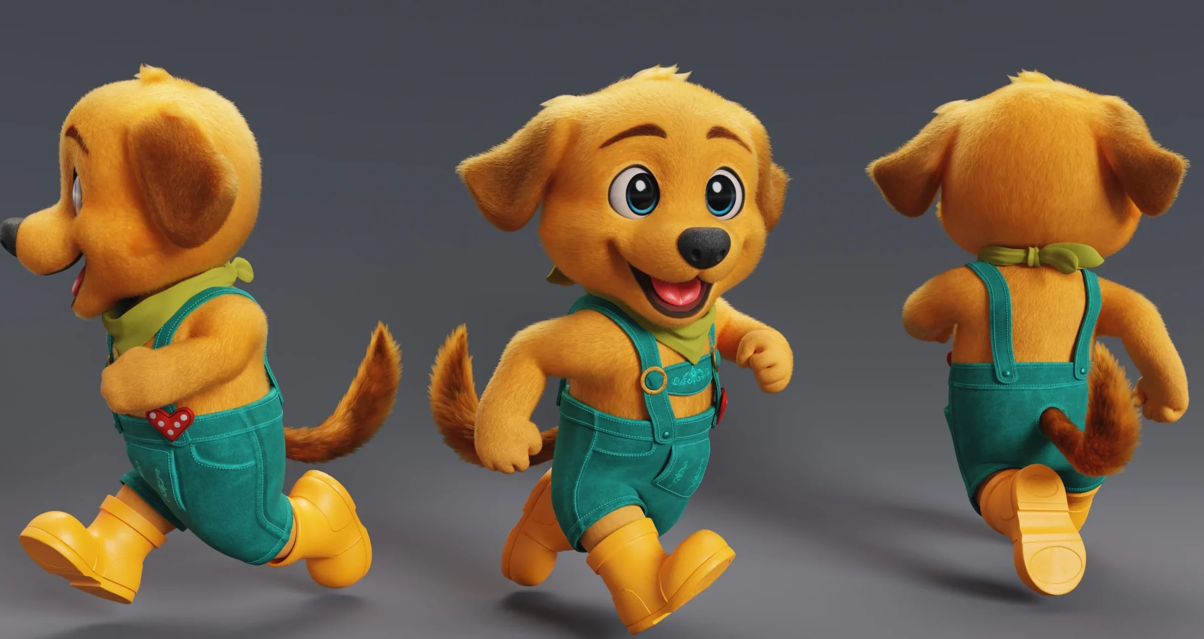 3D stylized yellow puppy character shown from multiple angles, wearing green overalls and yellow boots, joyful running pose, by Sirius Animation Studios