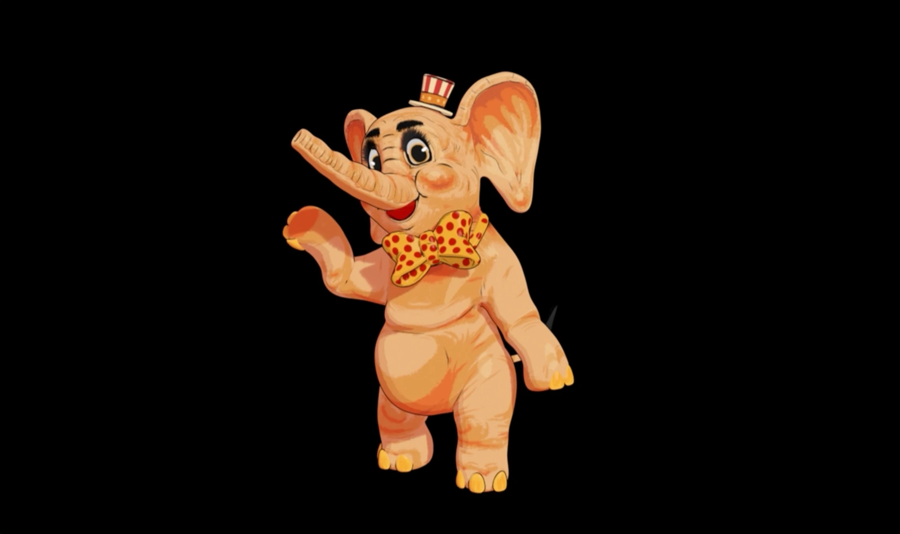 2D vintage-style cartoon elephant character wearing a red-and-white hat and a yellow bow tie with red dots, waving cheerfully, by Sirius Animation Studios