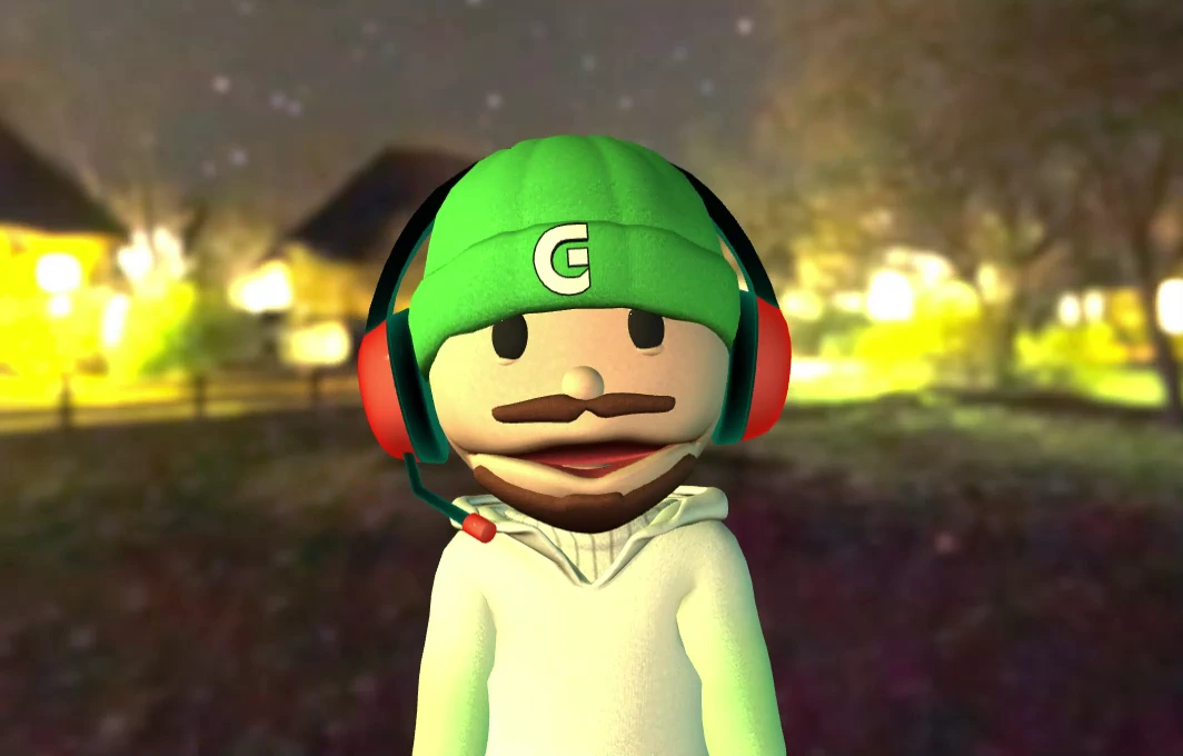 Stylized vtuber puppet avatar with green beanie, headset and hoodie, cute cartoon streamer character, cinematic lighting, streaming avatar by Sirius Animation Studios