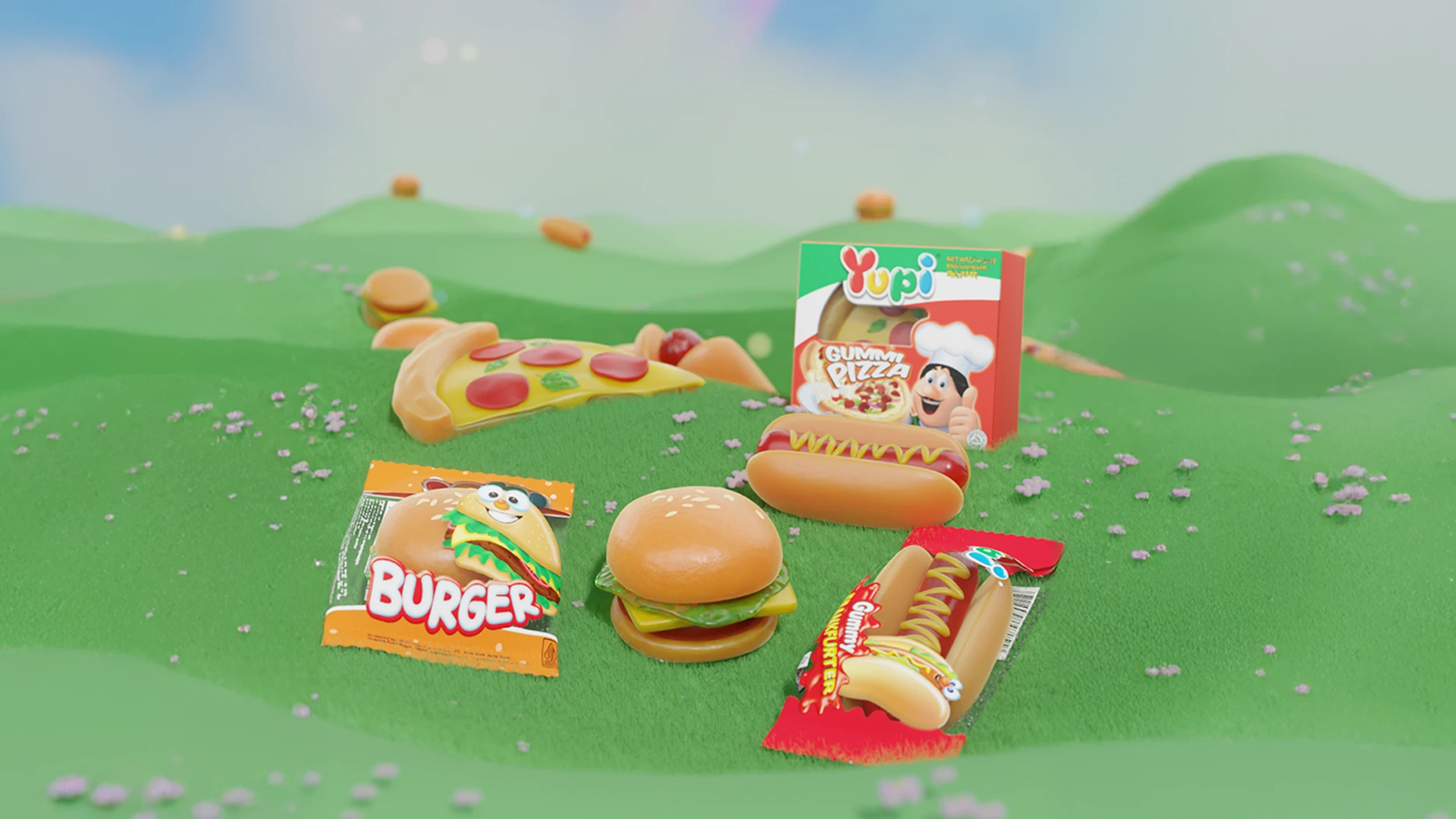 3D gummy pizza, burger and hotdog candy render in a playful green landscape with rainbow by Sirius Animation Studios