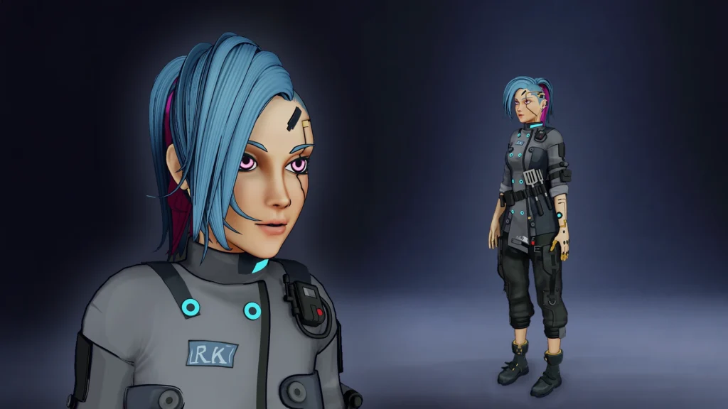 blue hair cyberpunk anime girl character design stylized 2.5D anime character render