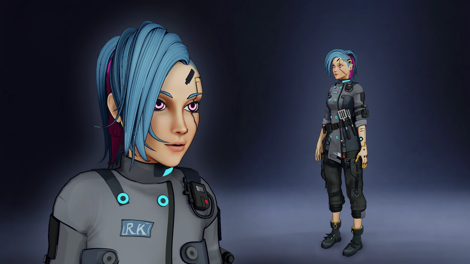 blue hair cyberpunk anime girl character design stylized 2.5D anime character render