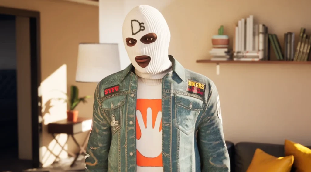 close up of GTA V inspired vtuber character with balaclava mask and streetwear clothing