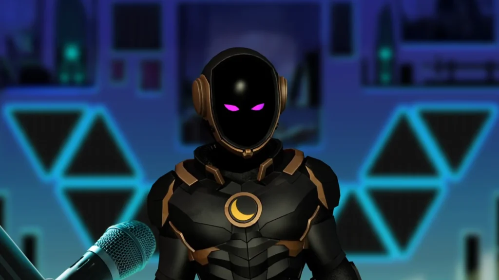 robot VTuber avatar for Animaze with neon purple eyes, futuristic virtual streamer character