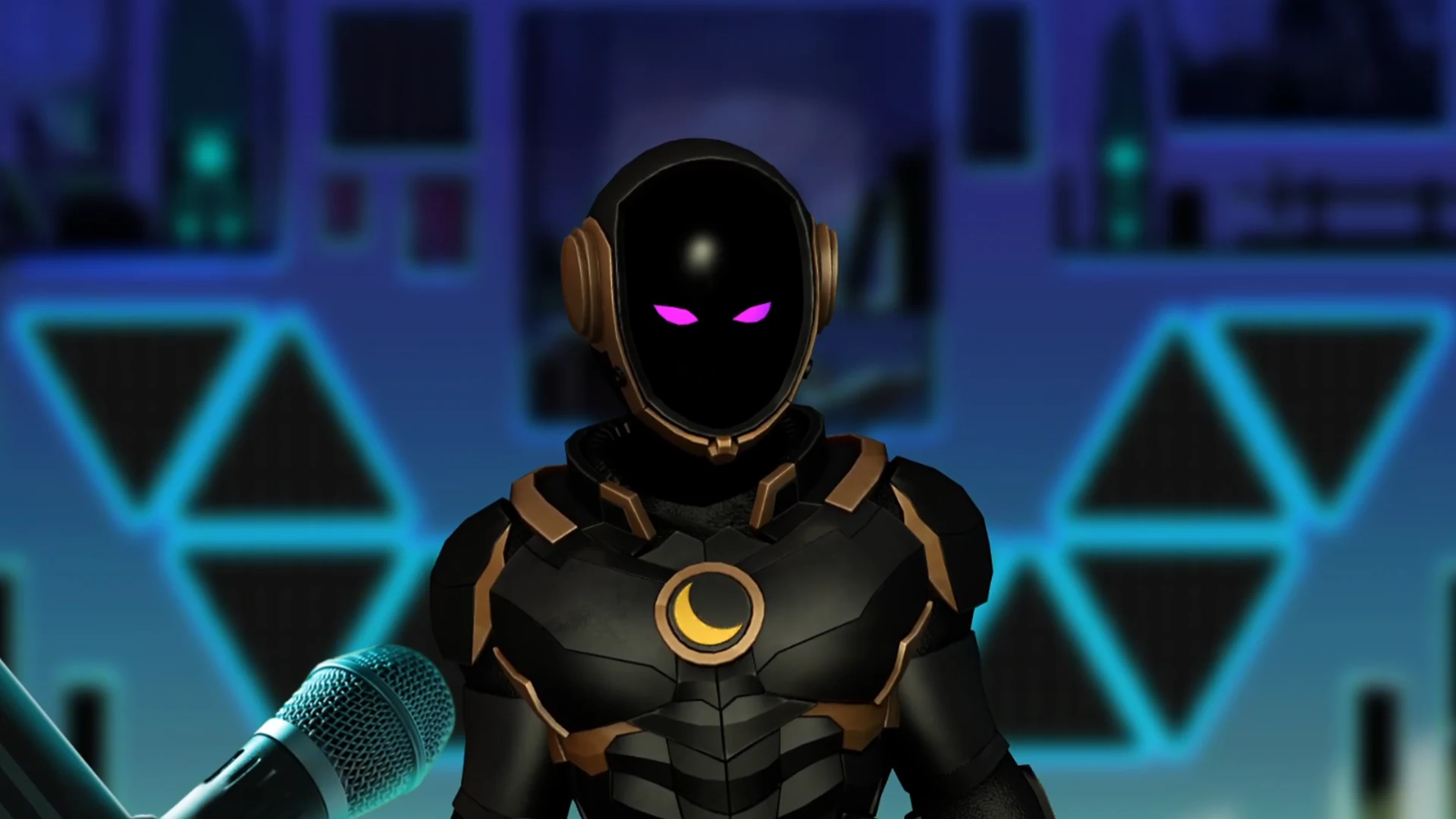 robot VTuber avatar for Animaze with neon purple eyes, futuristic virtual streamer character