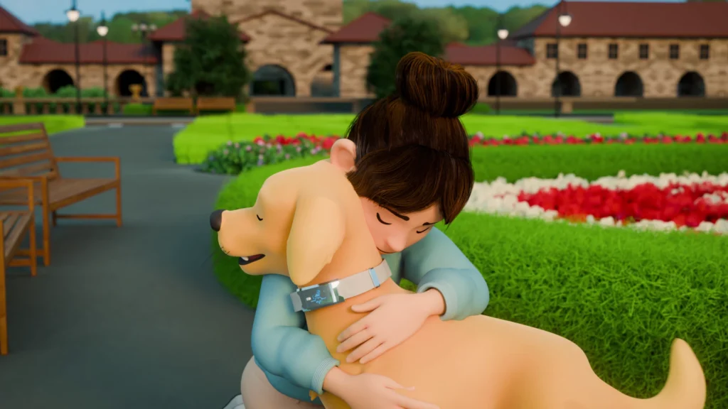 3D animated girl hugging a dog wearing a smart health tracking collar in a park, emotional pet care scene by Sirius Animation Studios