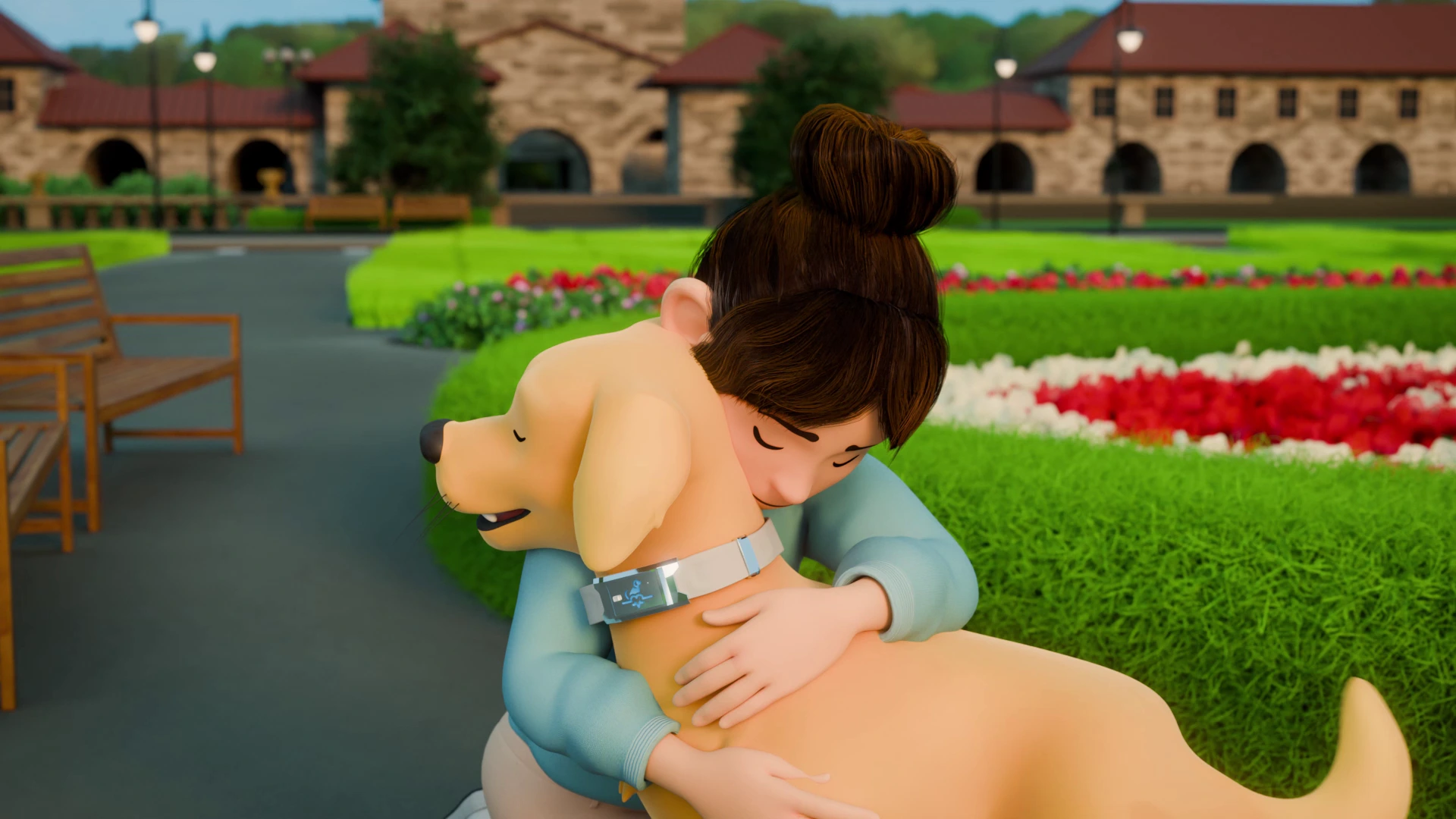 3D animated girl hugging a dog wearing a smart health tracking collar in a park, emotional pet care scene by Sirius Animation Studios