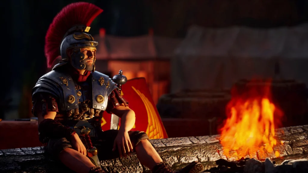 3D Roman warrior character sitting beside a campfire at night, custom Twitch mascot and streaming character with cinematic lighting and detailed Roman armor.