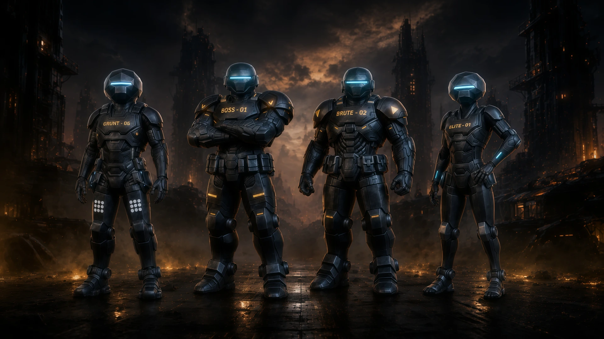 Four sci-fi robot game characters in black armor, created for a video game project with 3D modeling, rigging, and animation.