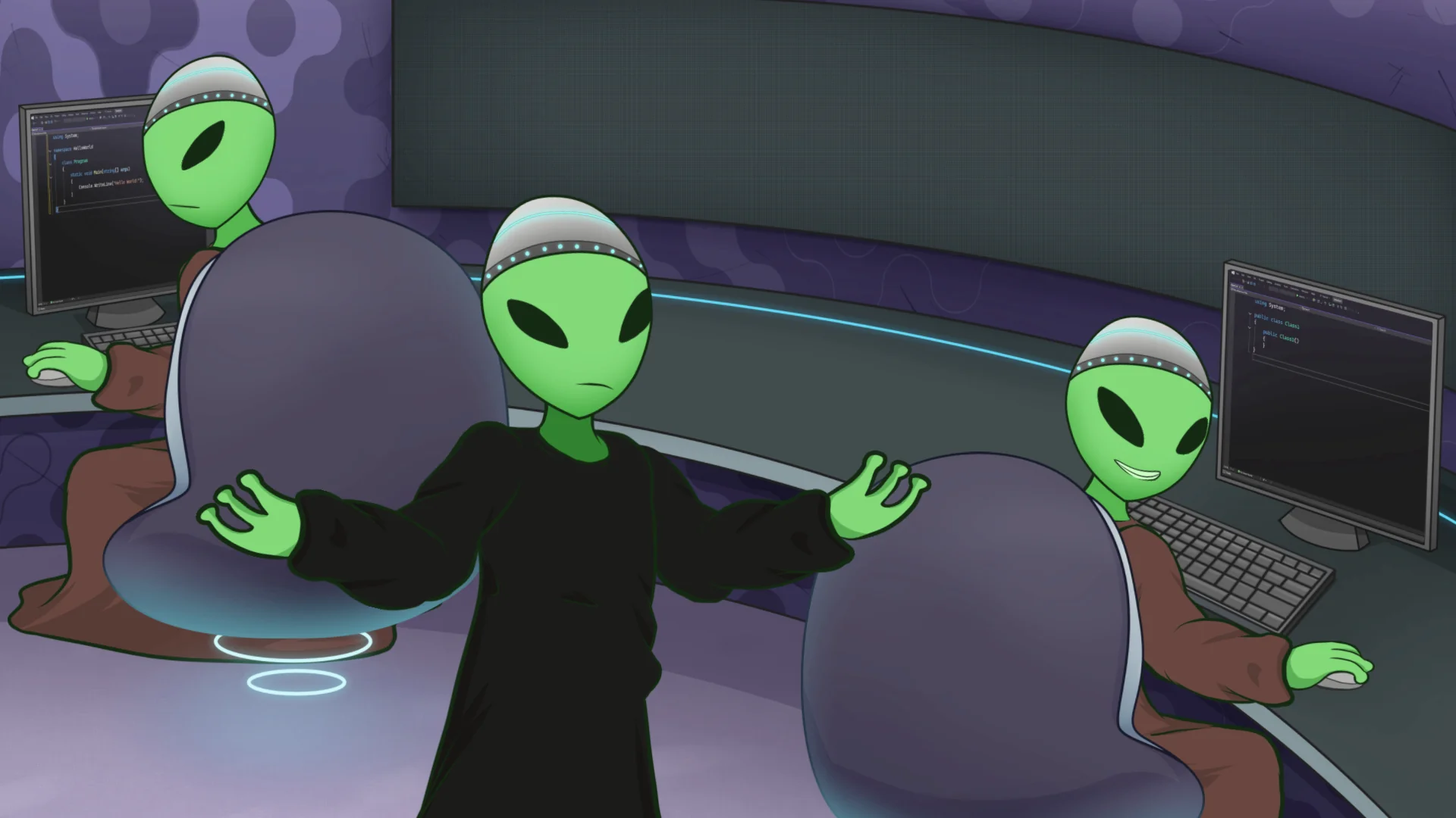 2D Animation & Illustration | 3D stylized render by Sirius Animation Studios 2D animated alien characters at computers