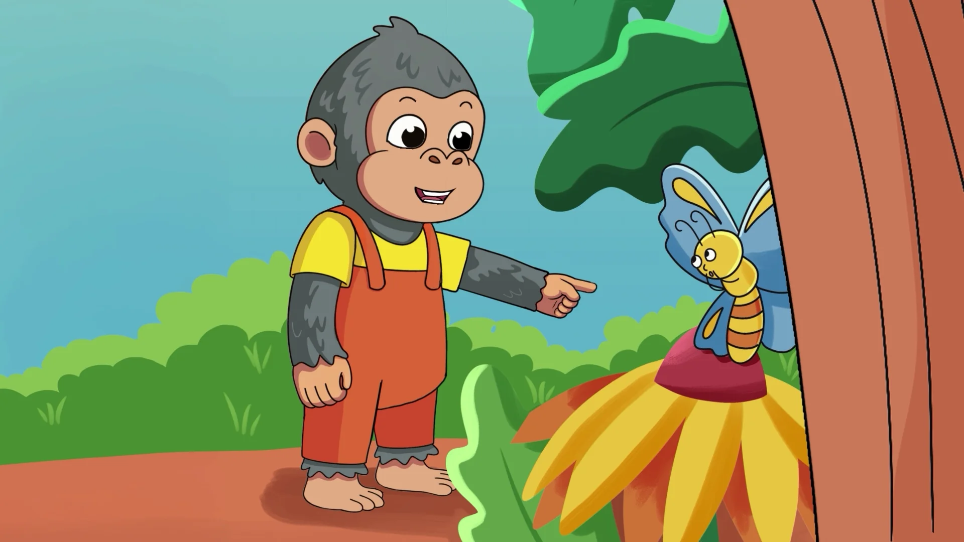 2D Animation & Illustration | 3D stylized render by Sirius Animation Studios 2D animated gorilla character talking to a butterfly