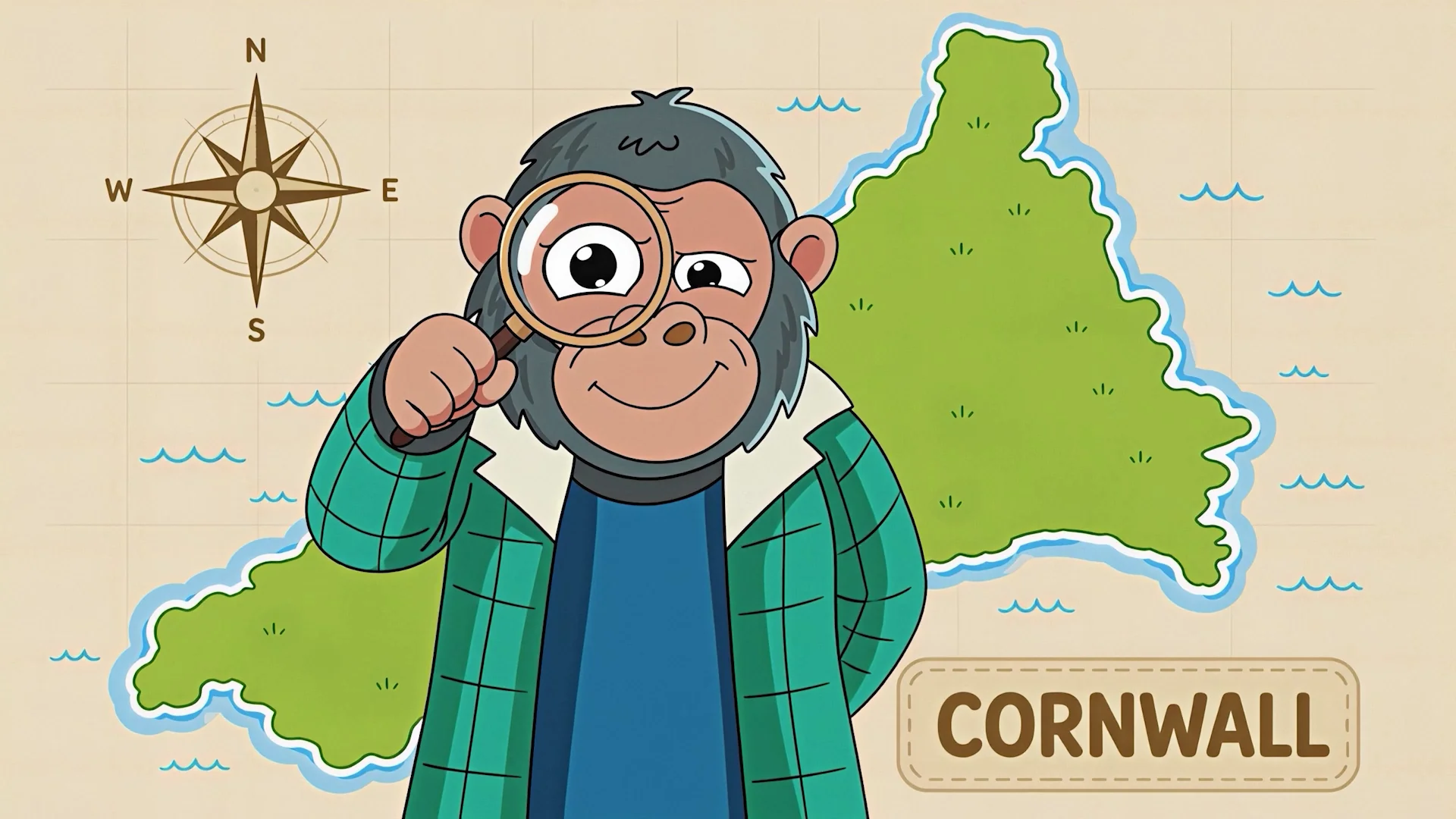 2D Animation & Illustration | 3D stylized render by Sirius Animation Studios 2D animated gorilla character with magnifying glass and Cornwall map