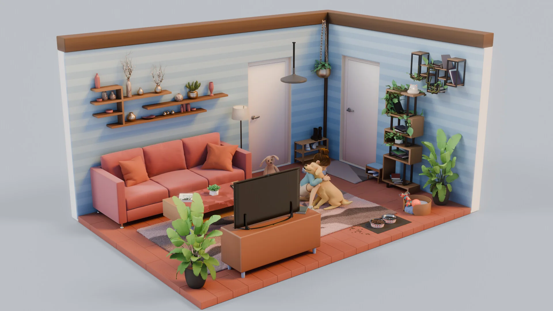 Game Assets | 3D stylized render by Sirius Animation Studios Cozy living room 3D render with dog