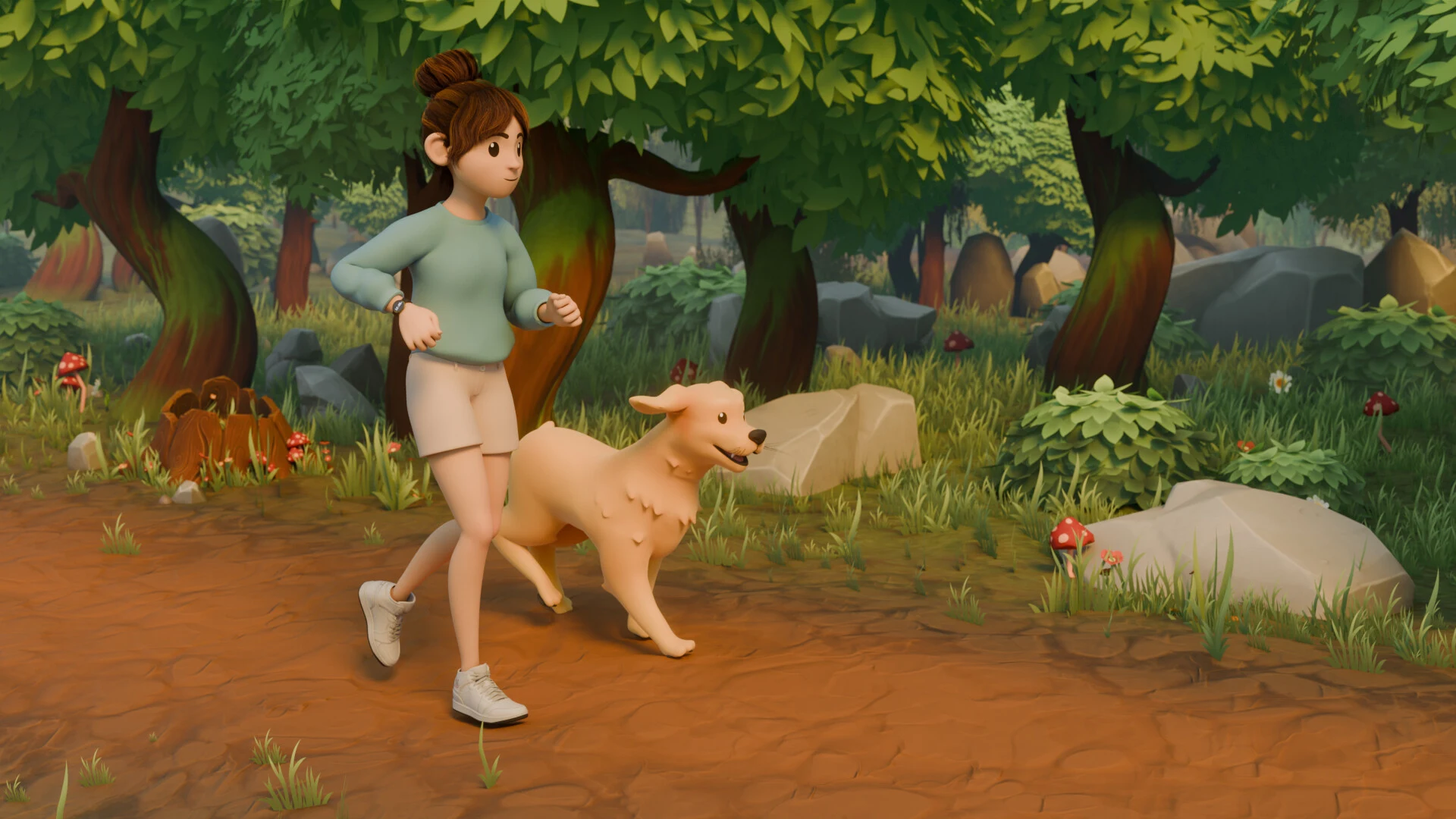 Dog and owner running in the park — CayKnight smart collar 3D commercial